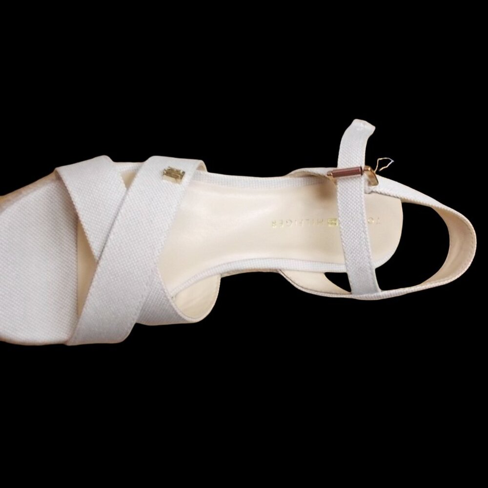 Tommy Hilfiger Womens Cream Canvas Espadrille Wedge Sandals Gold TH Logo Buckle
